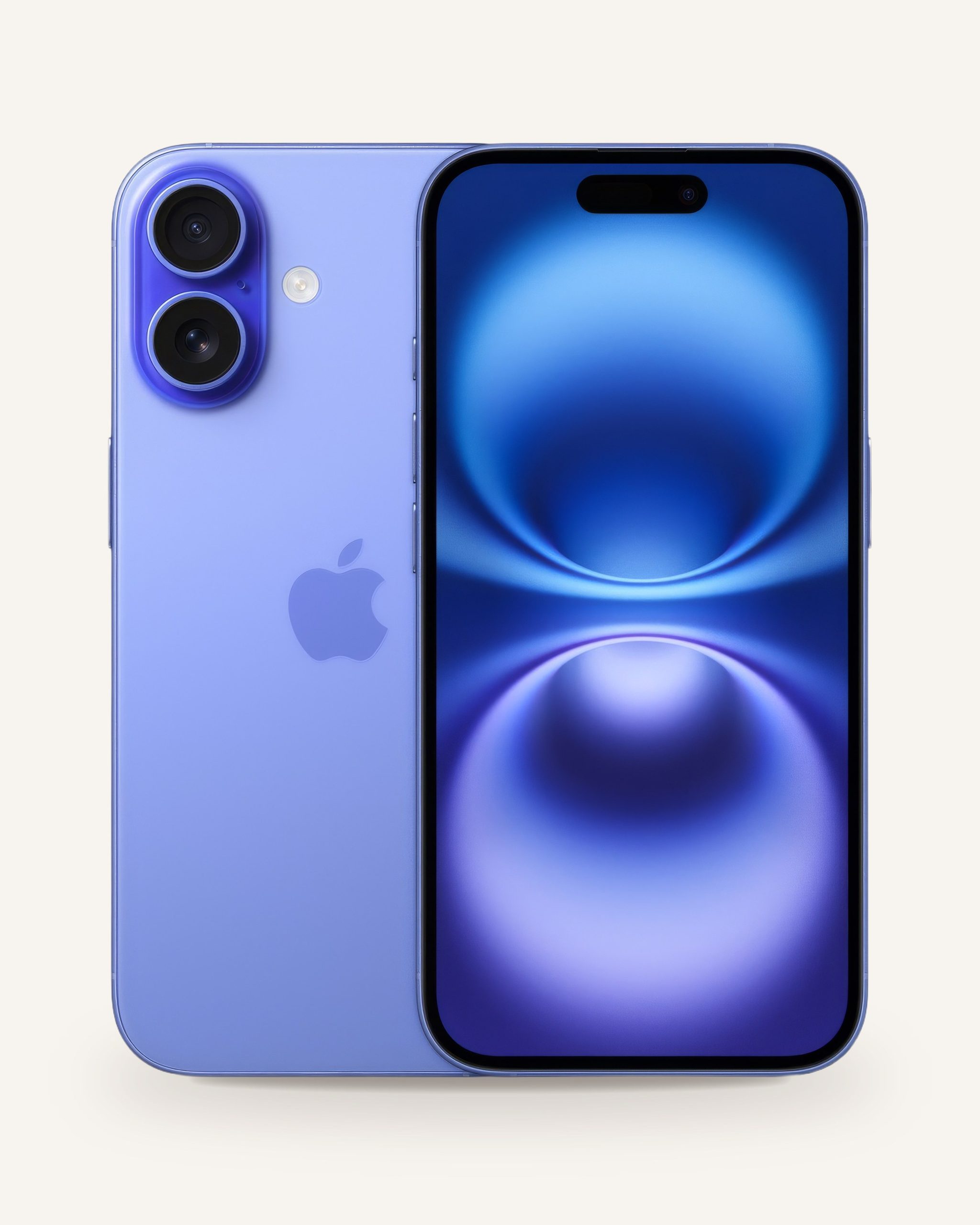 Mor iPhone 16, arkada Apple logosu ve ikili kamera, önde açık ekran