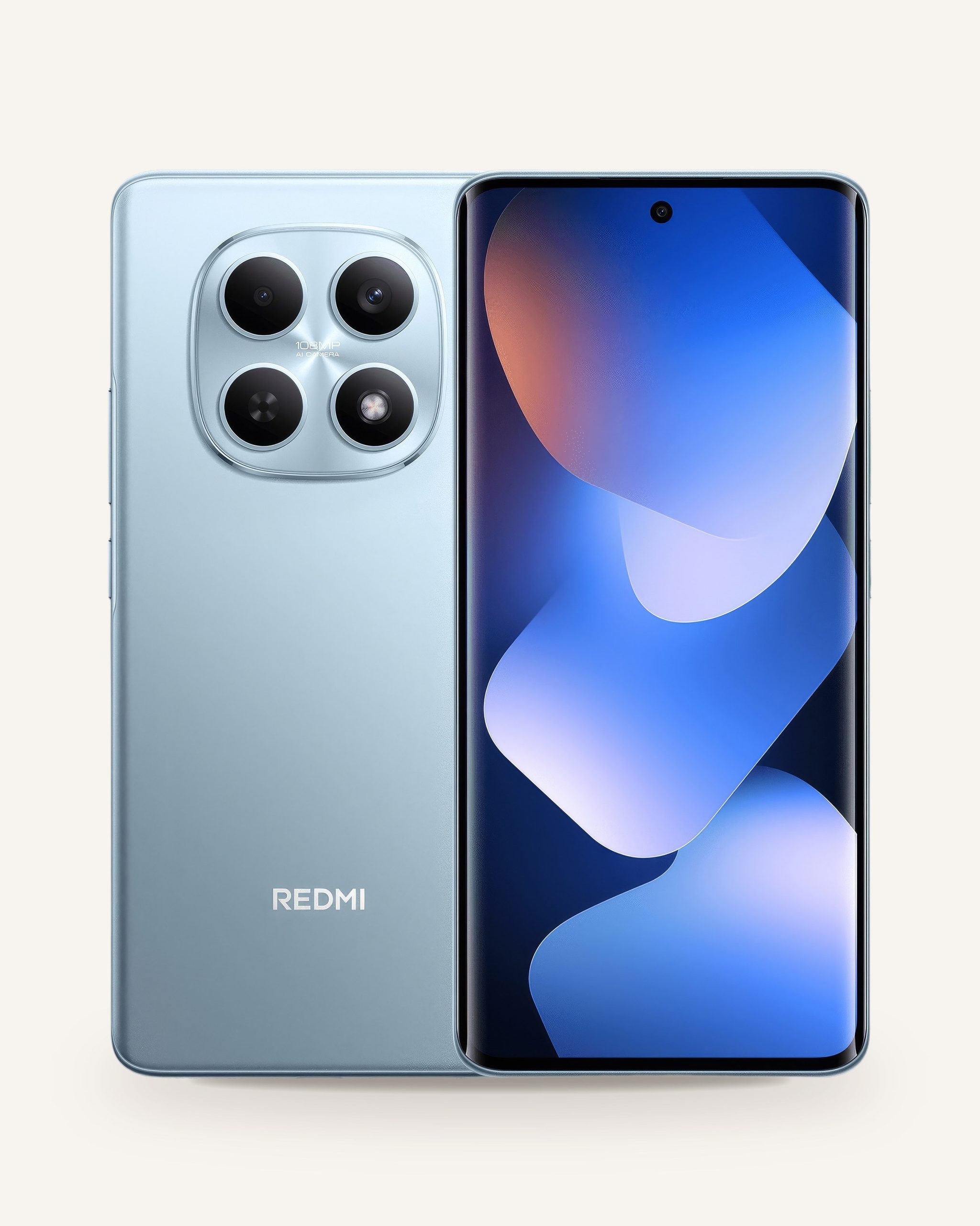 Açık mavi REDMI telefon, arkada dörtlü kamera, önde renkli ekran görüntüsü