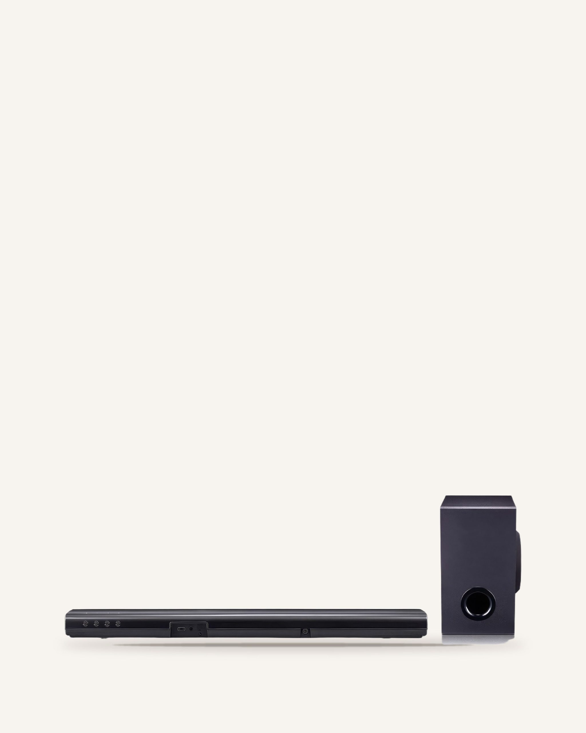 Siyah soundbar ve yanında kare bas hoparlörü, önden görünüm