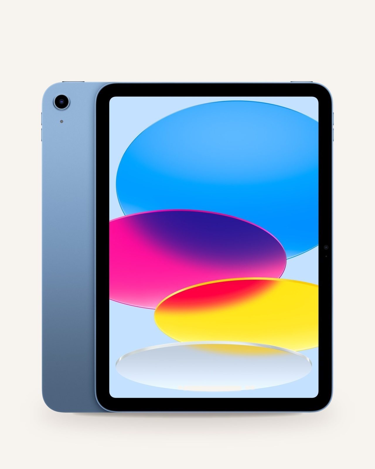 Mavi tablet, önden ve arkadan görünüm, renkli ekran ve arka kamera
