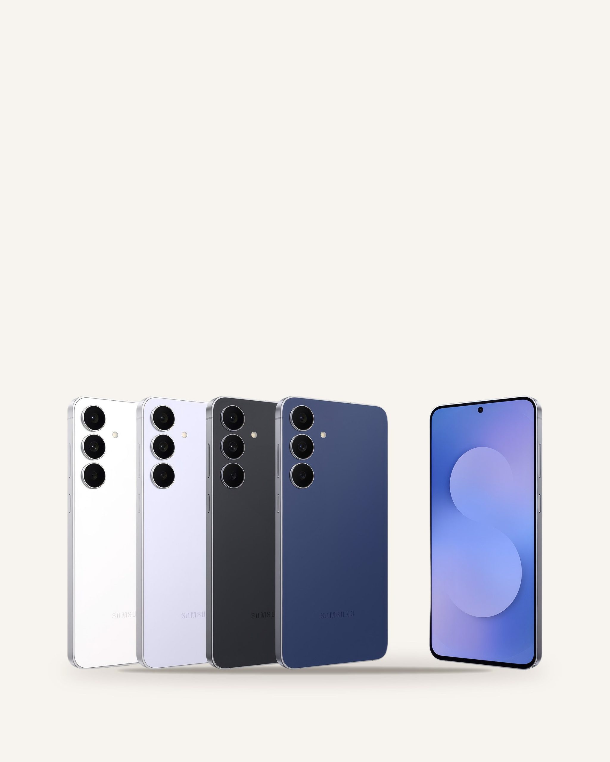 Beş farklı renkte akıllı telefon yan yana, arka ve ön görünüm