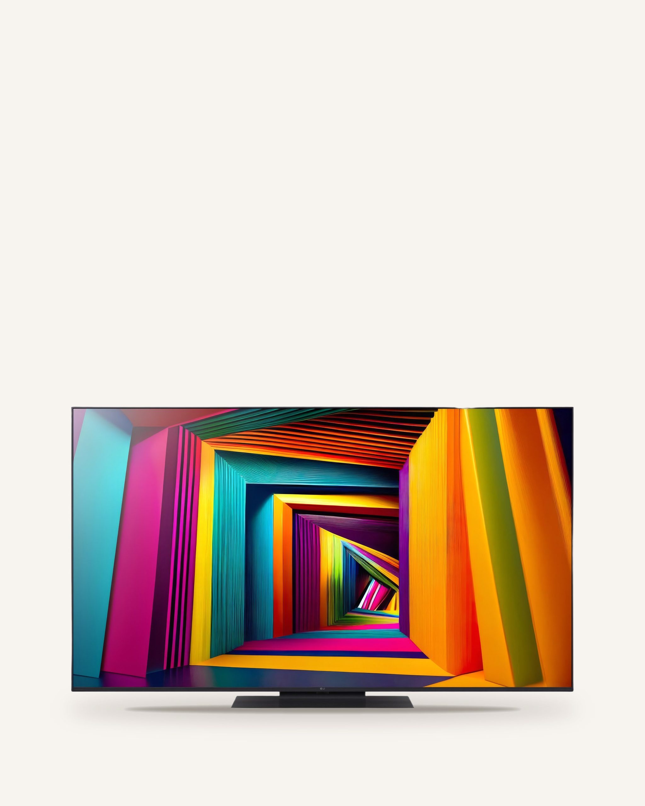 Ultra HD televizyon, ince çerçeve ve ortadan tek ayak, ekranda renkli desen