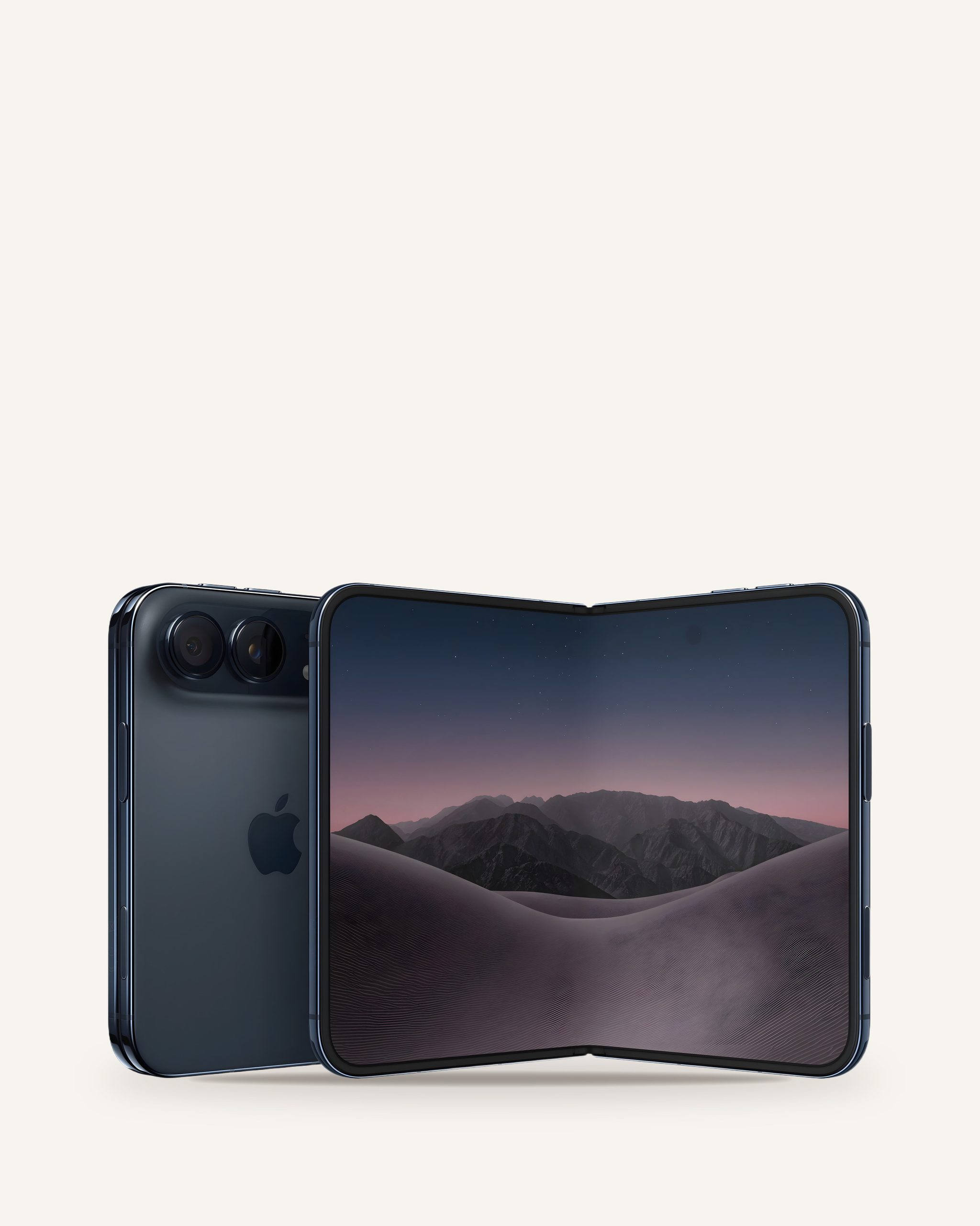 Katlanabilir iPhone Duo, solda kapalı gövde ve Apple logosu, sağda açık geniş ekran