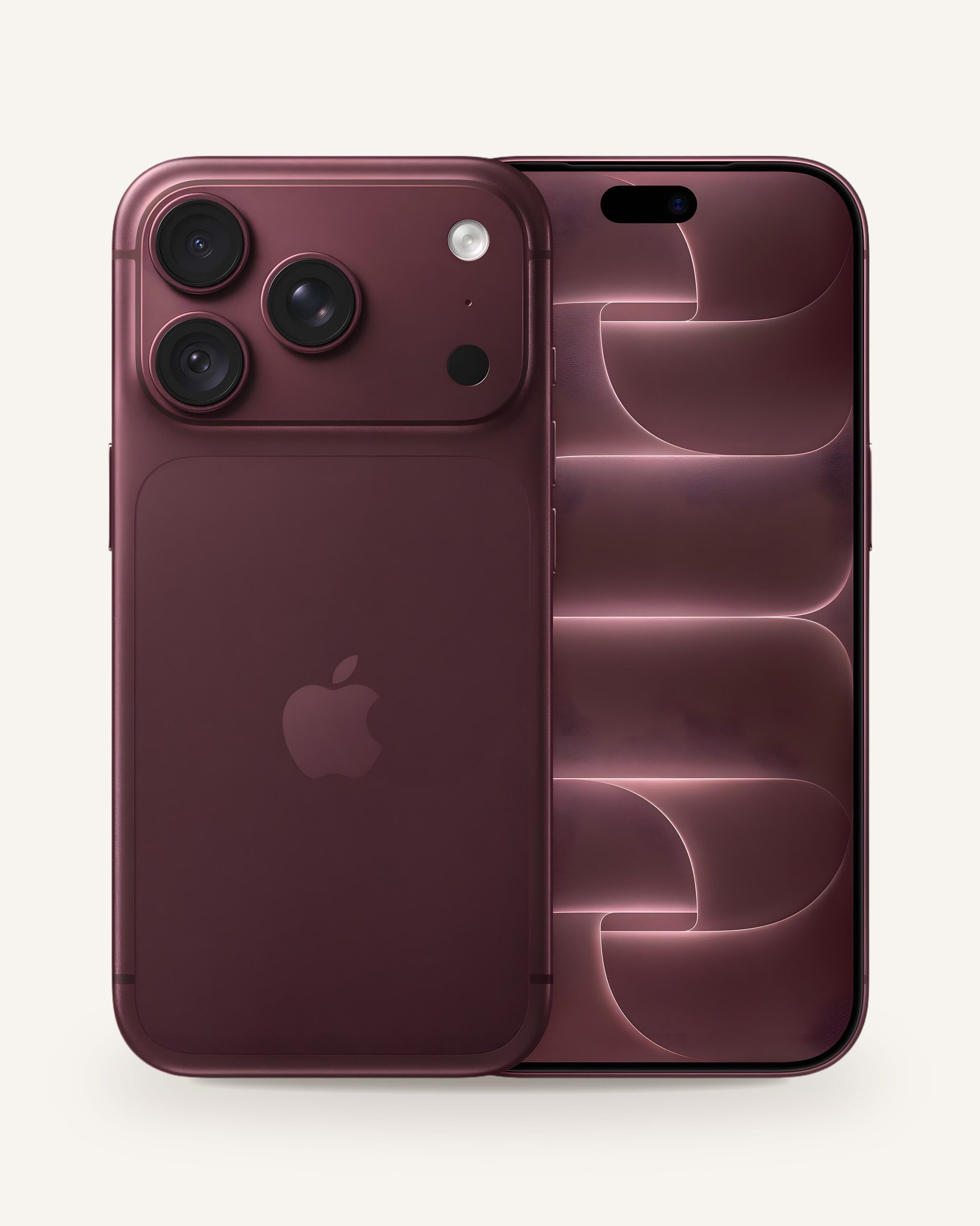 Bordo iPhone 18 Pro, arkada Apple logosu ve üçlü kamera, önde açık ekran