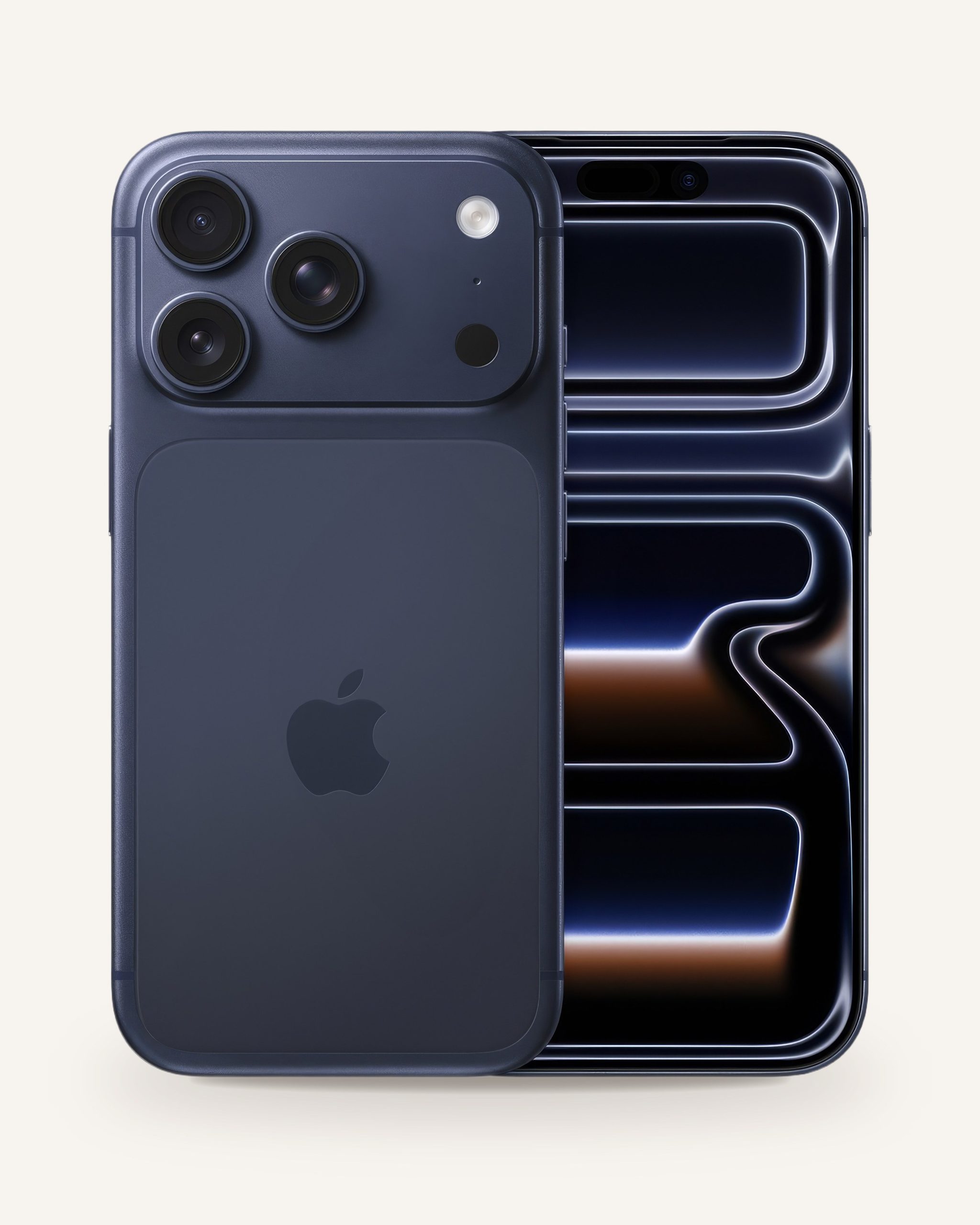 Lacivert iPhone 17 Pro, arkada üç mercekli kamera adası, önde açık ekran