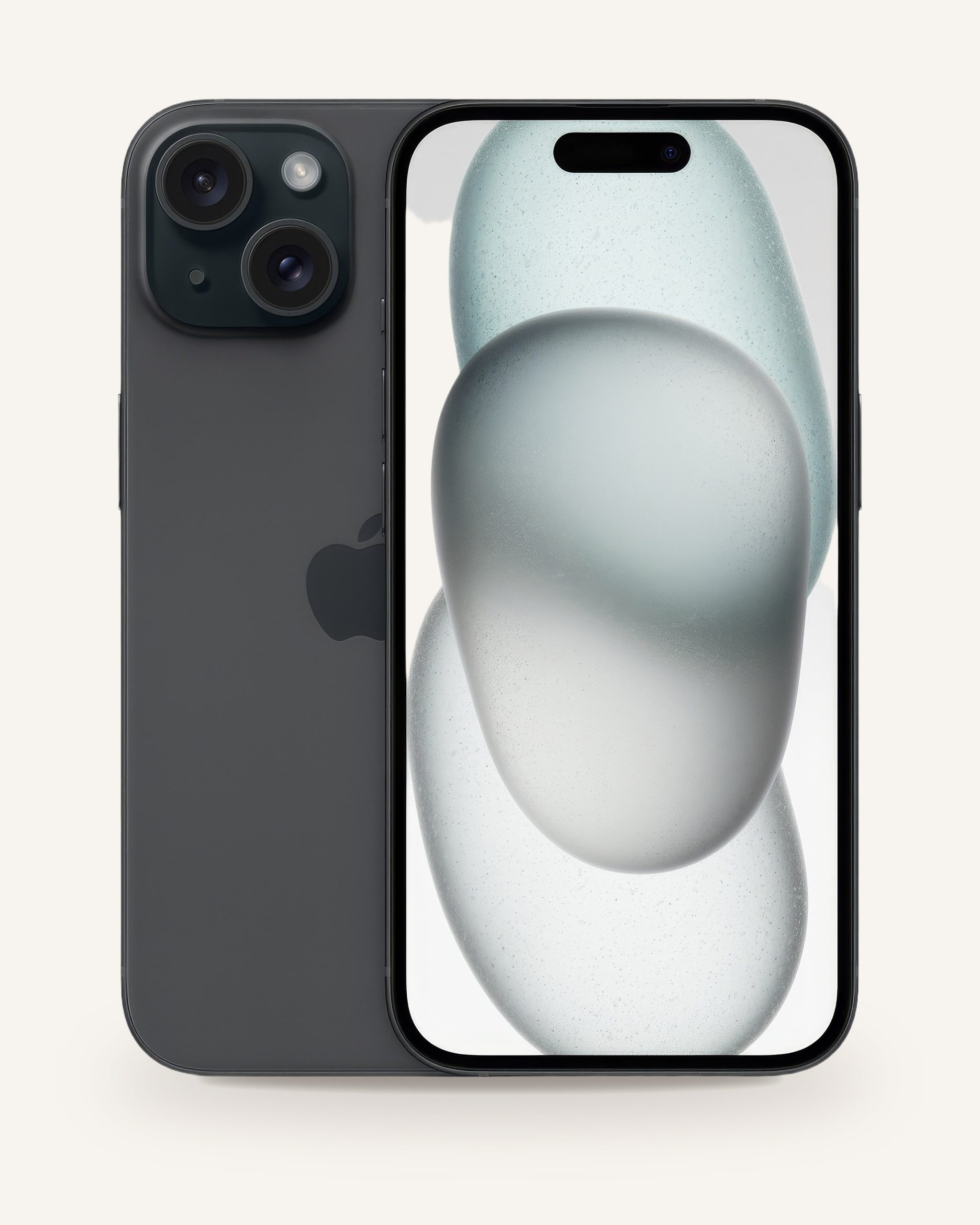 Siyah iPhone 15, arkada çapraz ikili kamera, önde açık ekran