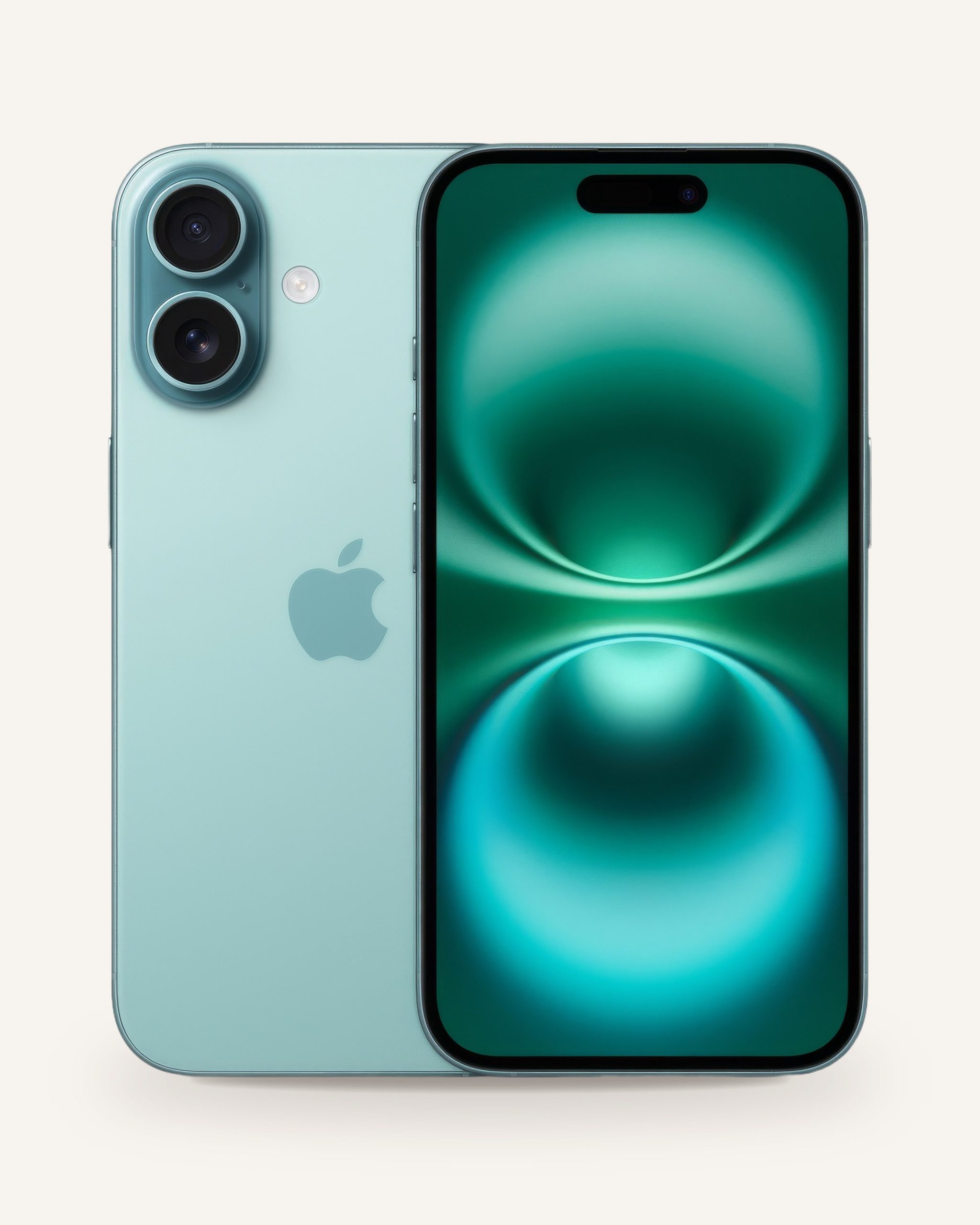 Turkuaz iPhone 16, arkada Apple logosu ve ikili kamera, önde açık ekran