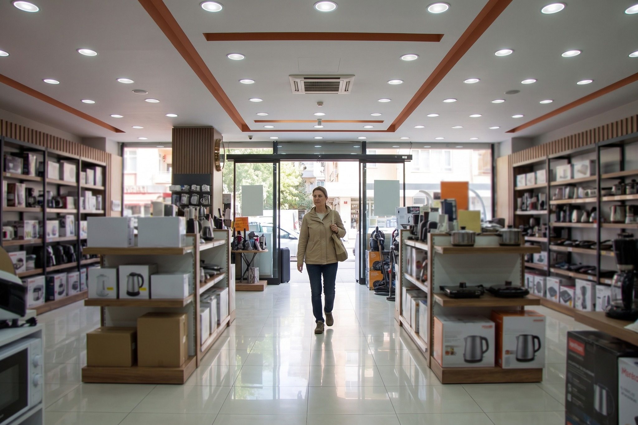 Şubenin cam kapısından içeri giren bir müşteri ve iki yanda ev eşyası reyonları