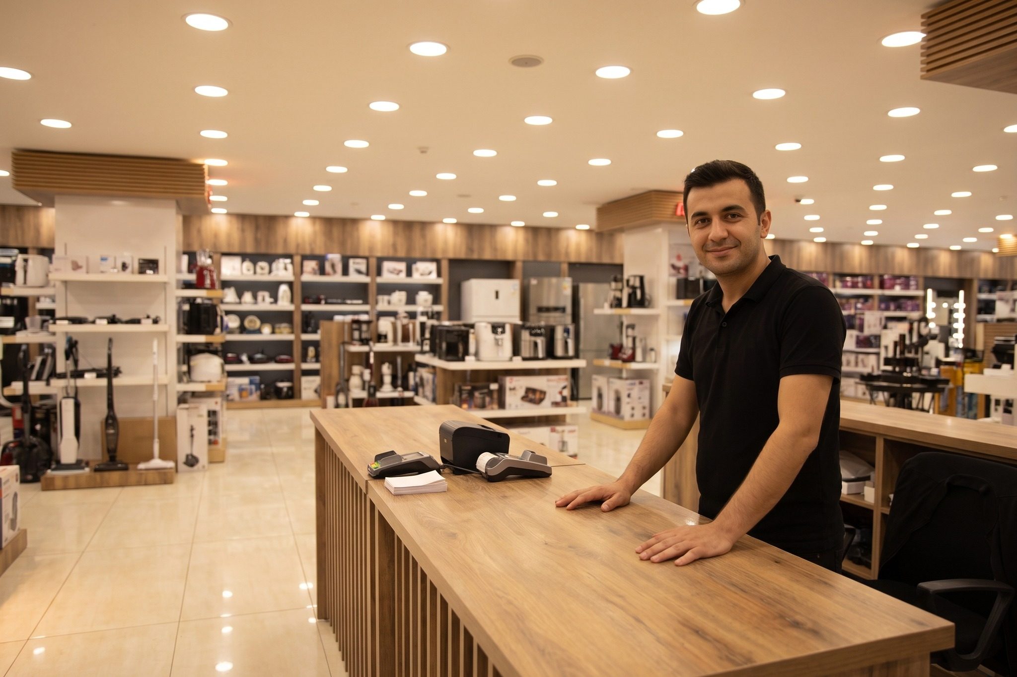 Şube içinde ahşap servis bankosu ve bankonun arkasında duran mağaza çalışanı